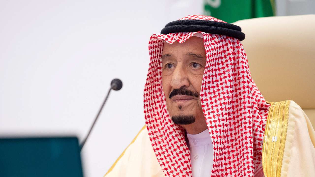 Saudi King Salman bin Abdulaziz gives virtual speech during the 15th annual G20 Leaders' Summit in Riyadh, Saudi Arabia