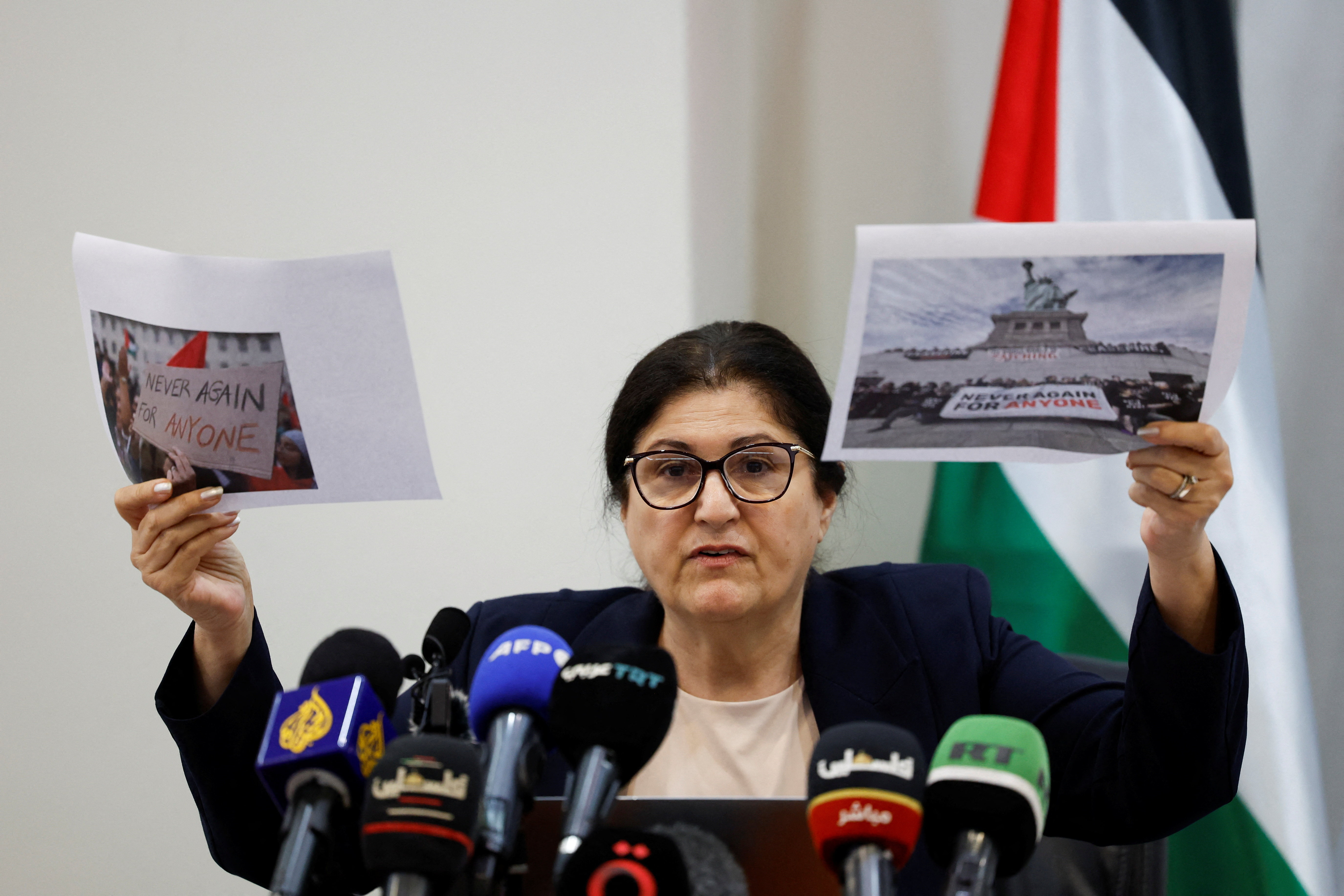 Palestinian Minister of Foreign Affairs Varsen Aghabekian Shahin attends a press conference in Ramallah