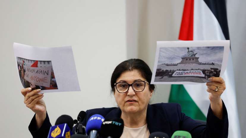 Palestinian Minister of Foreign Affairs Varsen Aghabekian Shahin attends a press conference in Ramallah