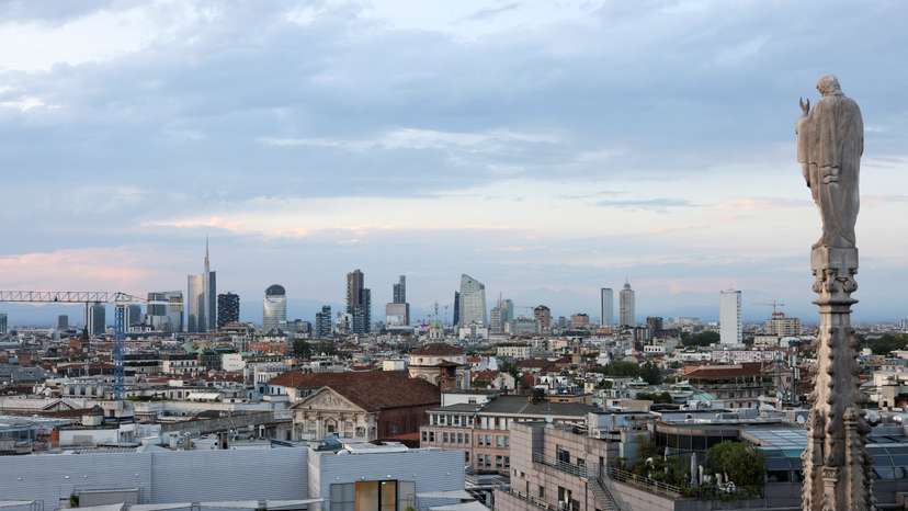 A view shows Milan's skyline during sunset in Milan