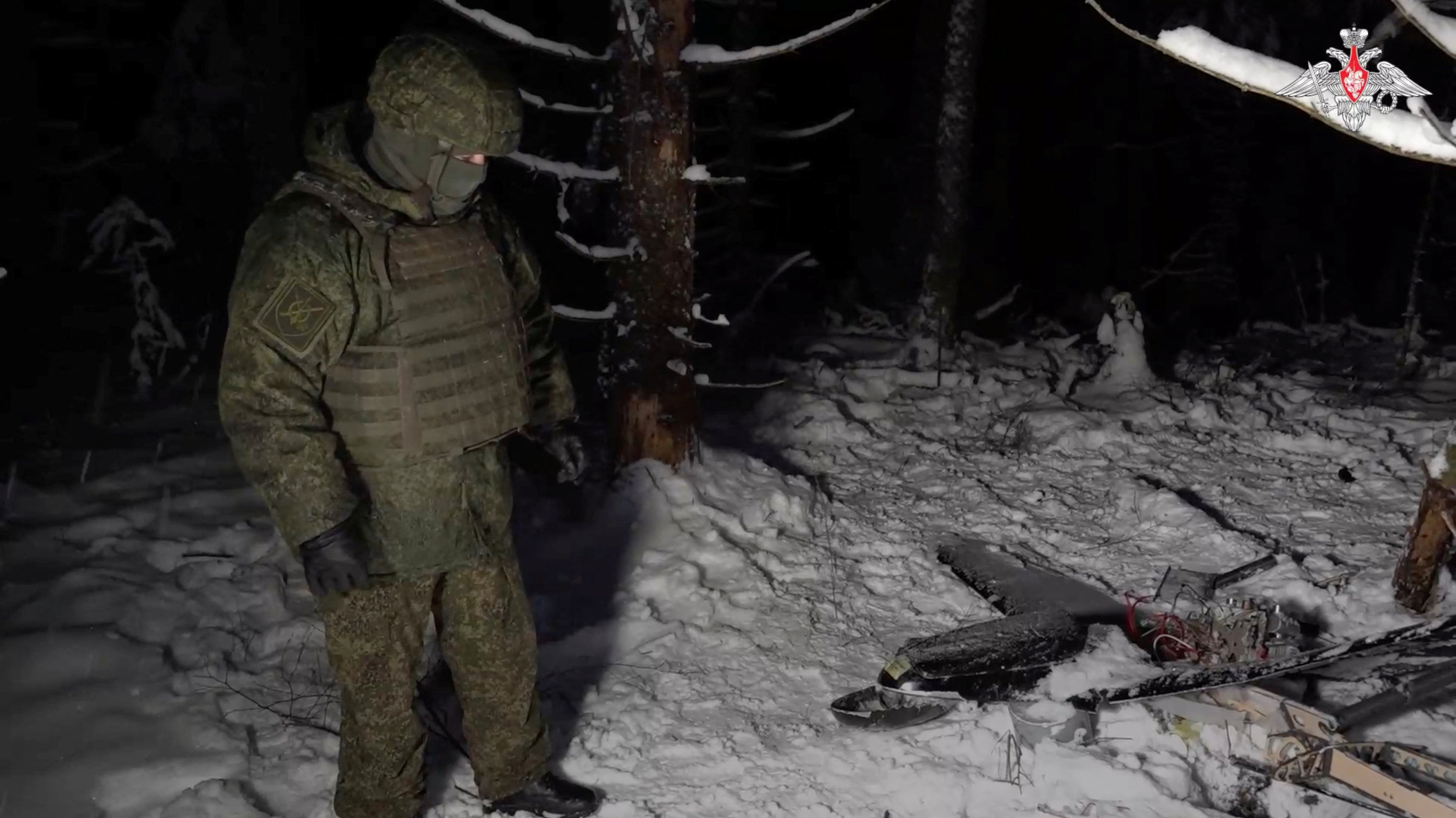 Russian Defence ministry shows a downed drone following an alleged drone attack on Putin's residence