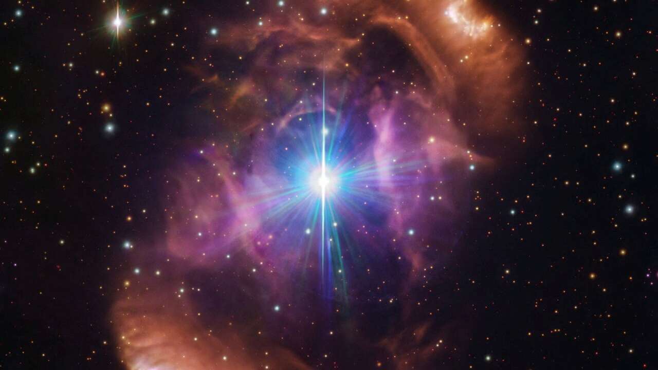 Image of nebula NGC 6164/6165 taken with the VLT Survey Telescope hosted at the European Southern Observatory's Paranal Observatory in Cerro Paranal