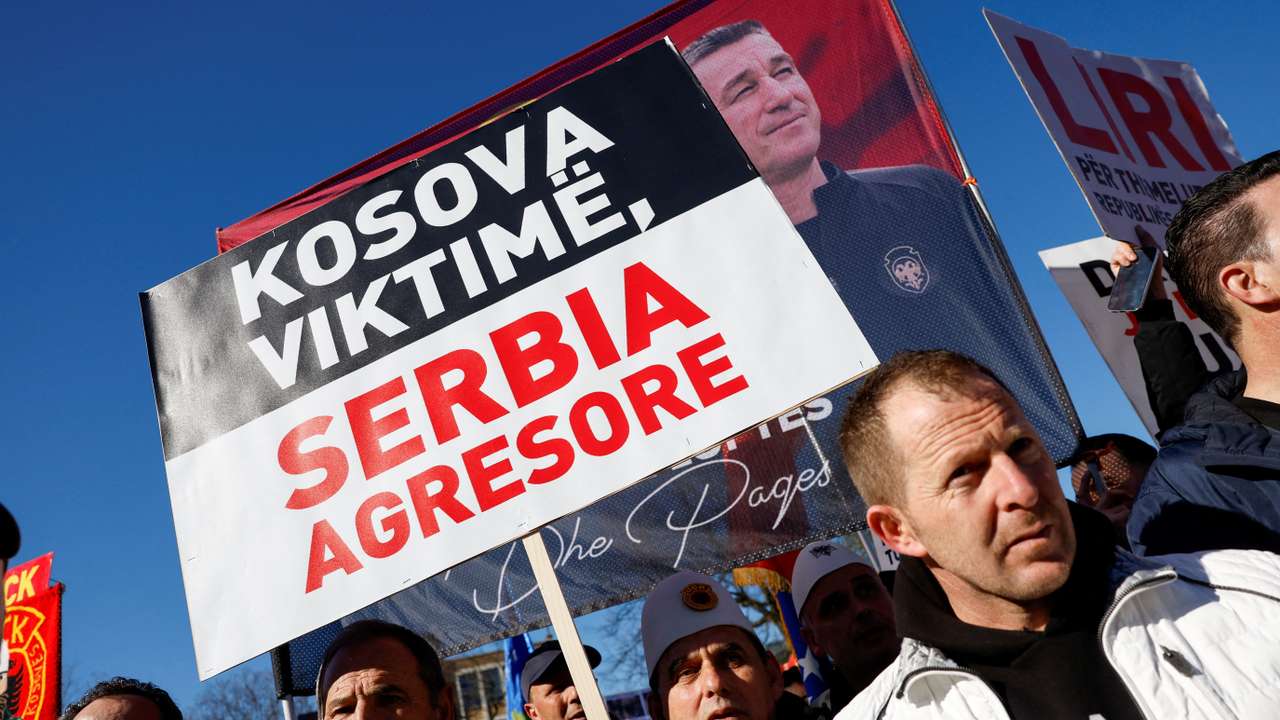 FILE PHOTO: Protest in The Hague as Kosovo's ex-president Thaci goes on trial for war crimes