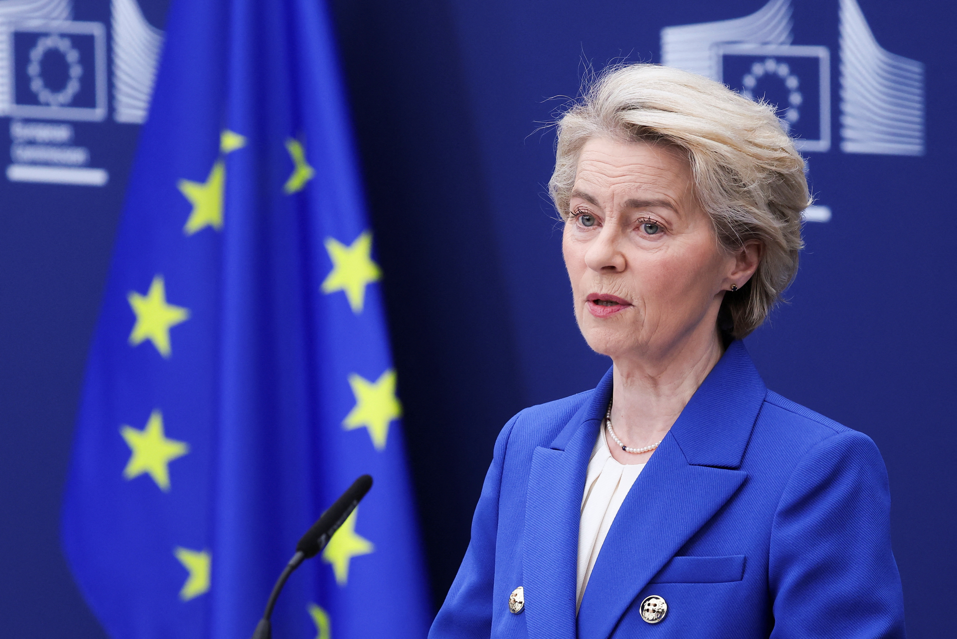 European Commission President Ursula von der Leyen delivers a statement, in Brussels