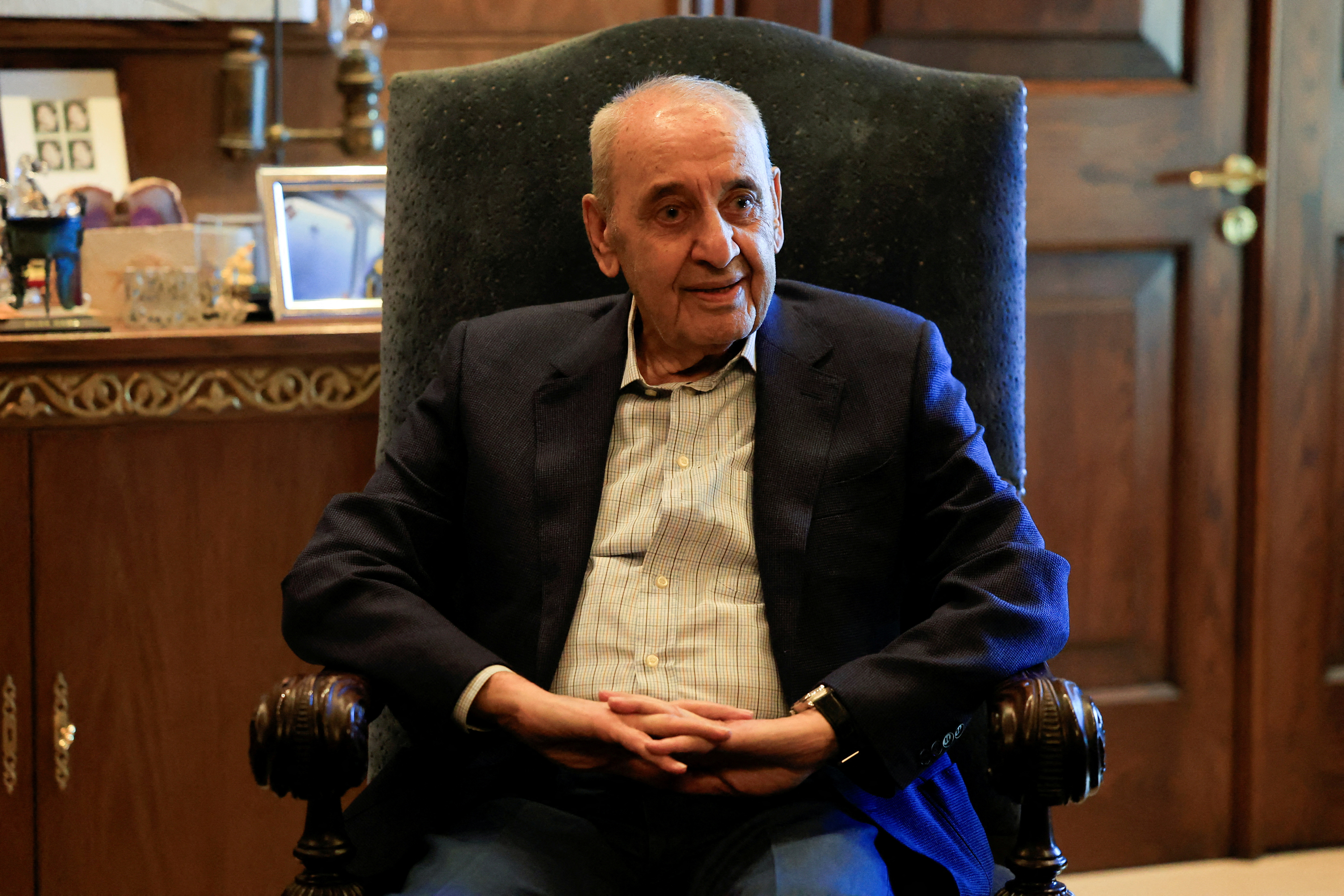 FILE PHOTO: Lebanese Parliament Speaker Nabih Berri meets with Ali Larijani, former chairman of the parliament of Iran in Beirut