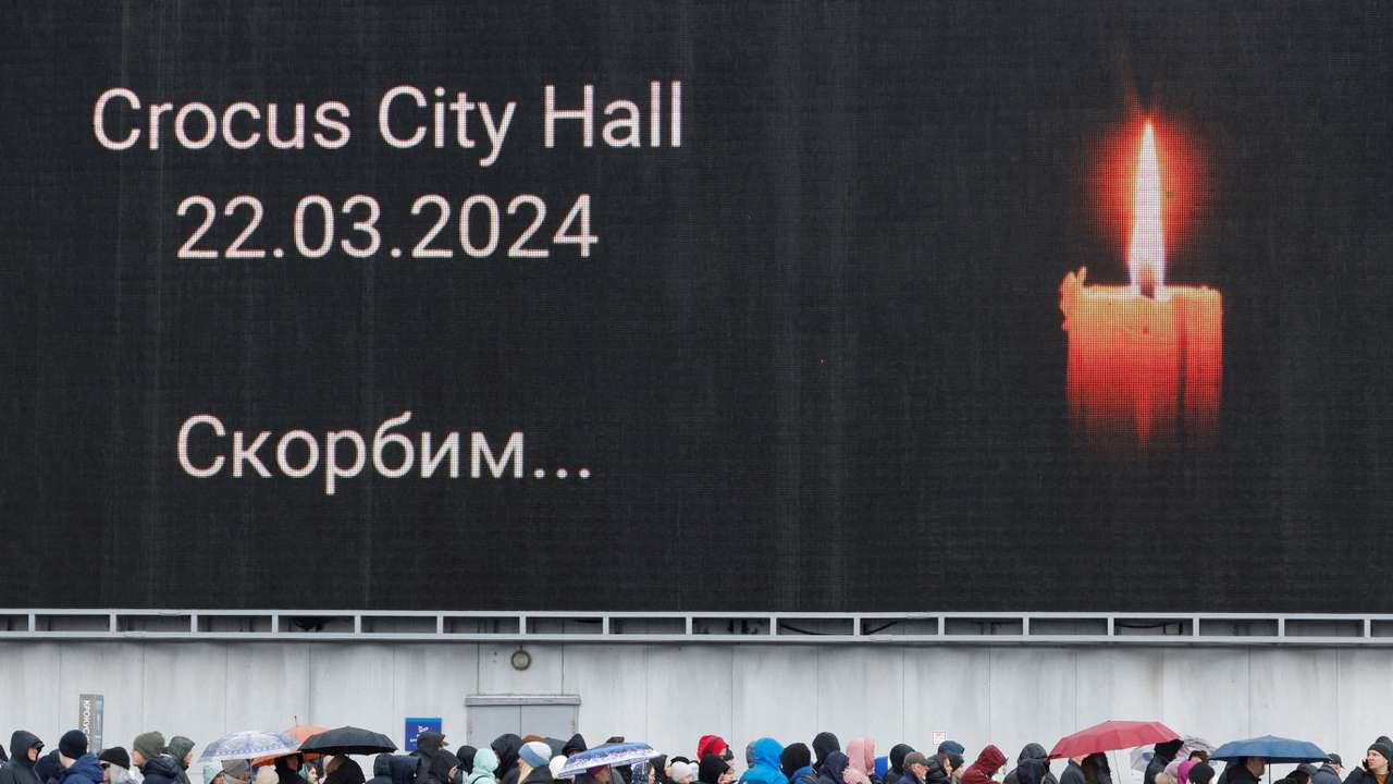 FILE PHOTO: A makeshift memorial to the victims of a shooting attack set up outside the Crocus City Hall concert venue in the Moscow Region