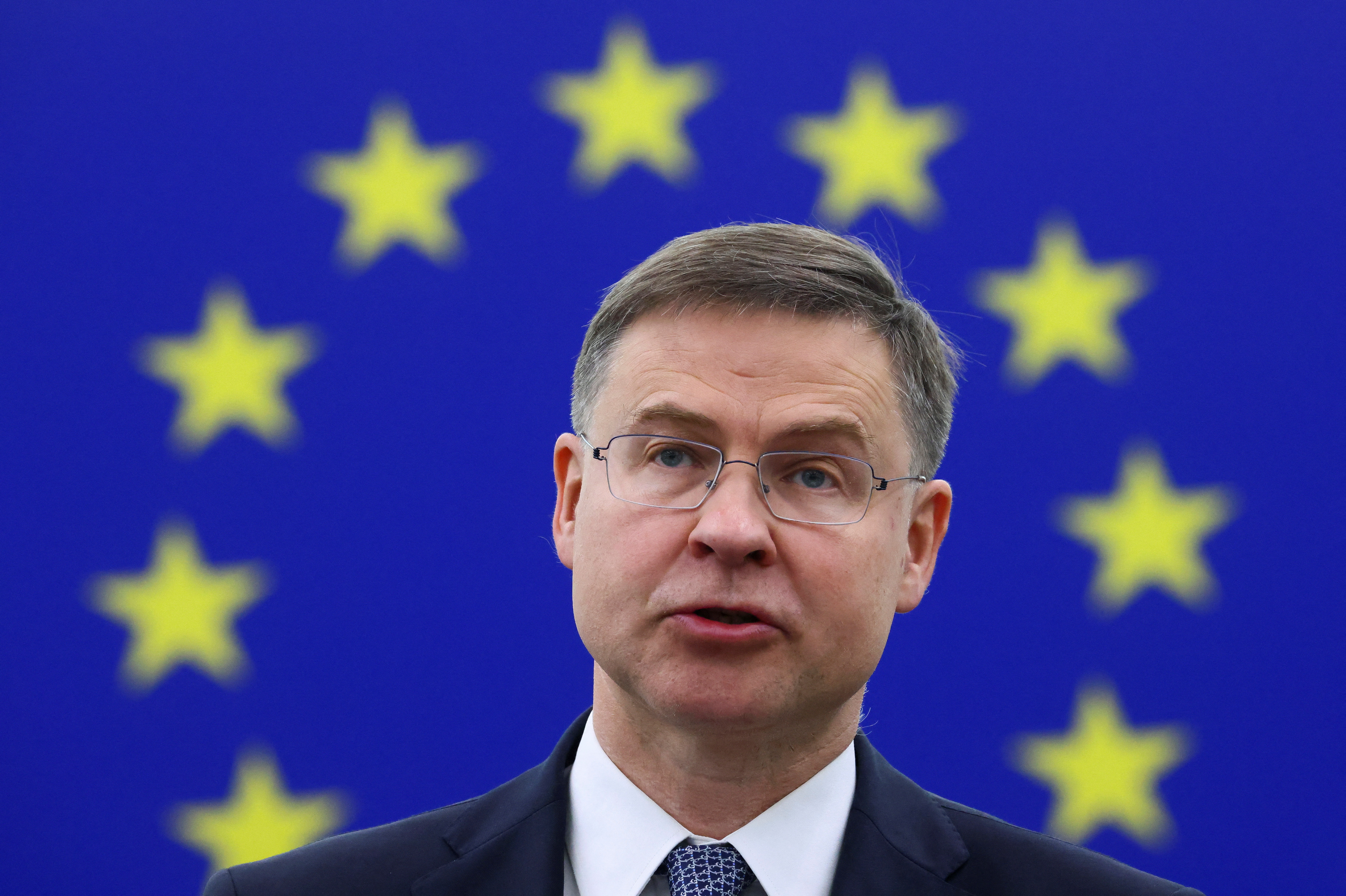 European Commission Executive Vice President Valdis Dombrovskis addresses a plenary session at the European Parliament in Strasbourg