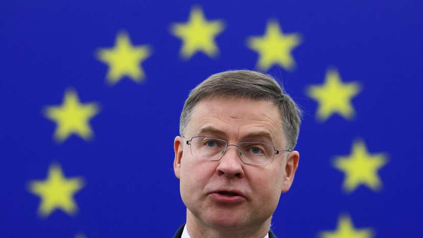 European Commission Executive Vice President Valdis Dombrovskis addresses a plenary session at the European Parliament in Strasbourg