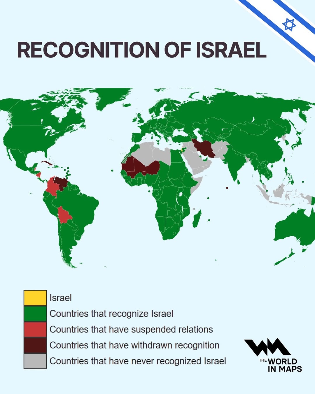 This map illustrates the diplomatic status of countries in relation to Israel. Since its foundin