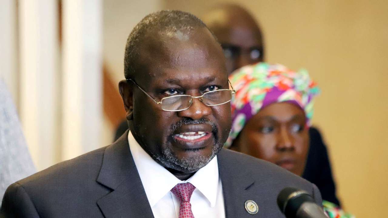 FILE PHOTO: South Sudan's Vice President Riek Machar addresses a news conference in Juba