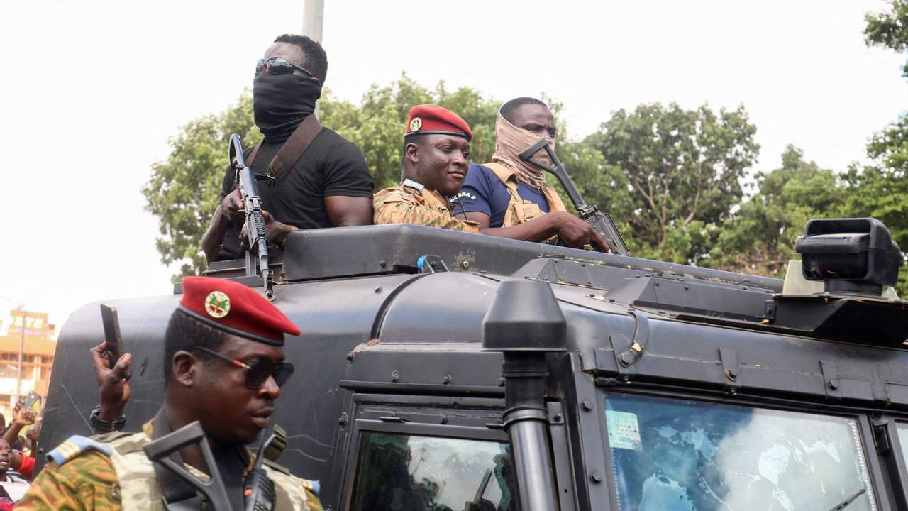 FILE PHOTO: Burkina Faso's self-declared new leader Ibrahim Traore arrives at the national television in Ouagadougou