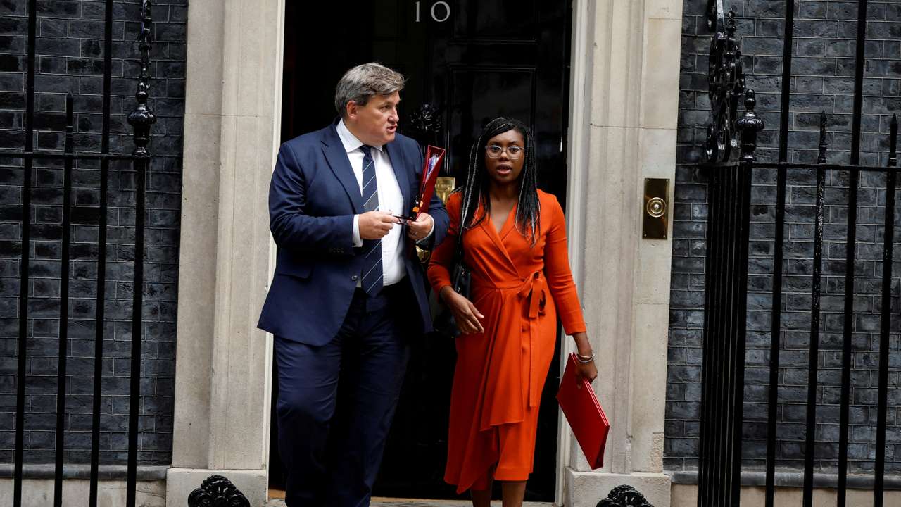 FILE PHOTO: Kemi Badenoch walks outside Cabinet building, in London