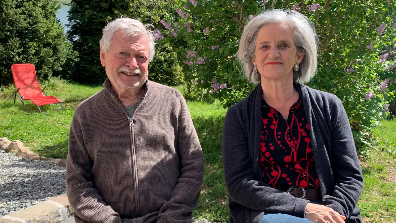 Stefanie Brander and her husband Urs pose after an interview with Reuters in Vevey