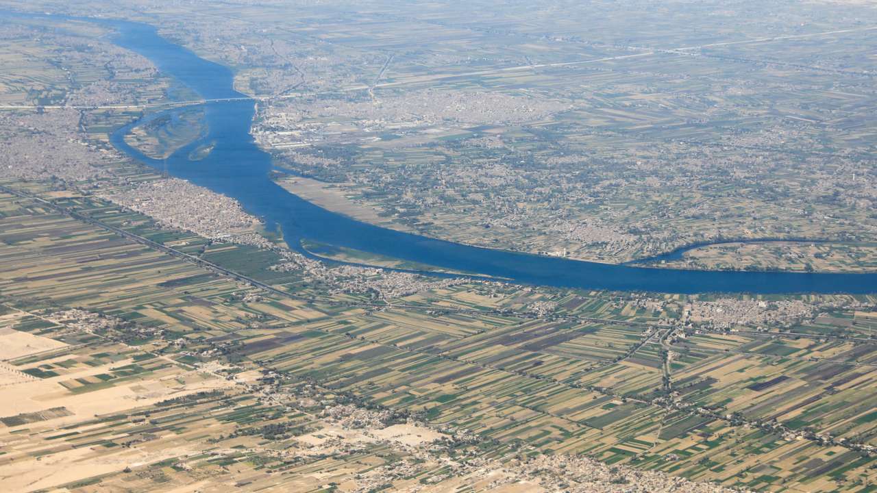 Aerial view of the River Nile valley and desert