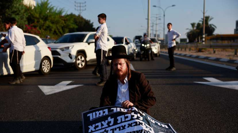 Protest against an Israeli Supreme Court ruling requiring the state to begin drafting ultra-Orthodox Jewish seminary students to the military, in Bnei Brak