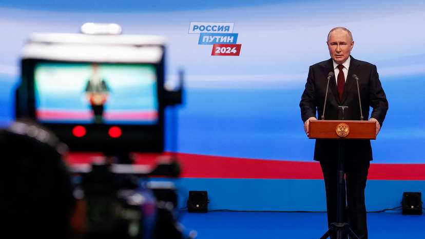 Russian incumbent President Putin speaks after polling stations closed, in Moscow
