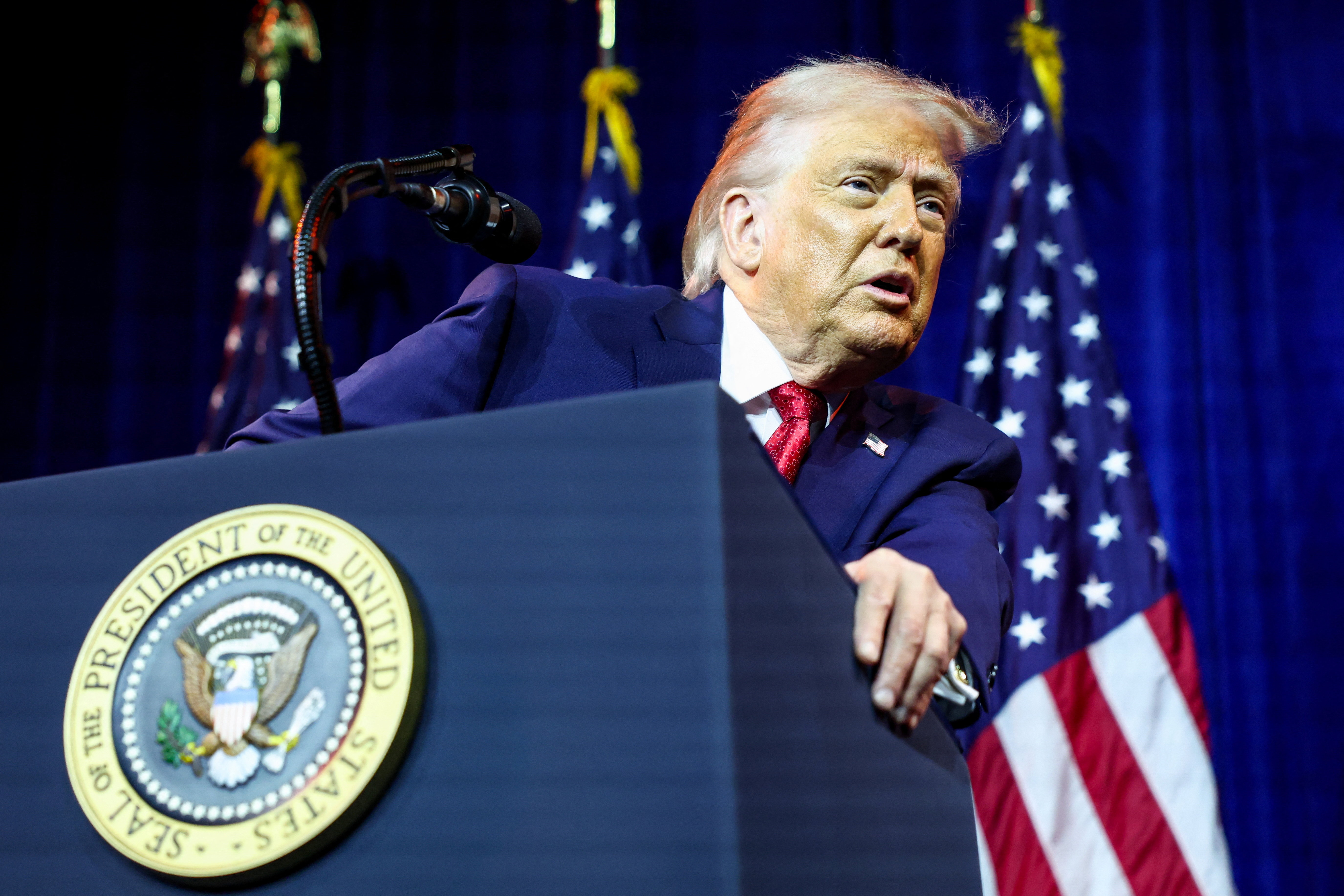 U.S. President Donald Trump addresses House Republicans at the Kennedy Center in Washington