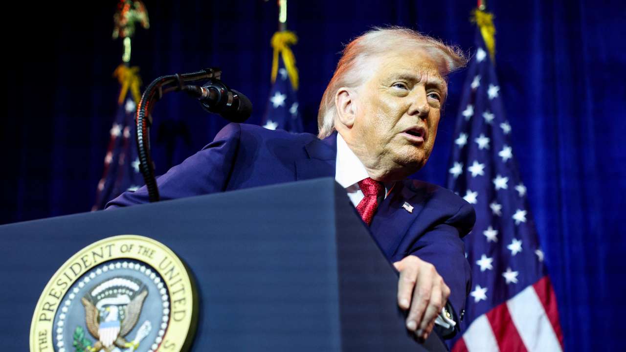 U.S. President Donald Trump addresses House Republicans at the Kennedy Center in Washington