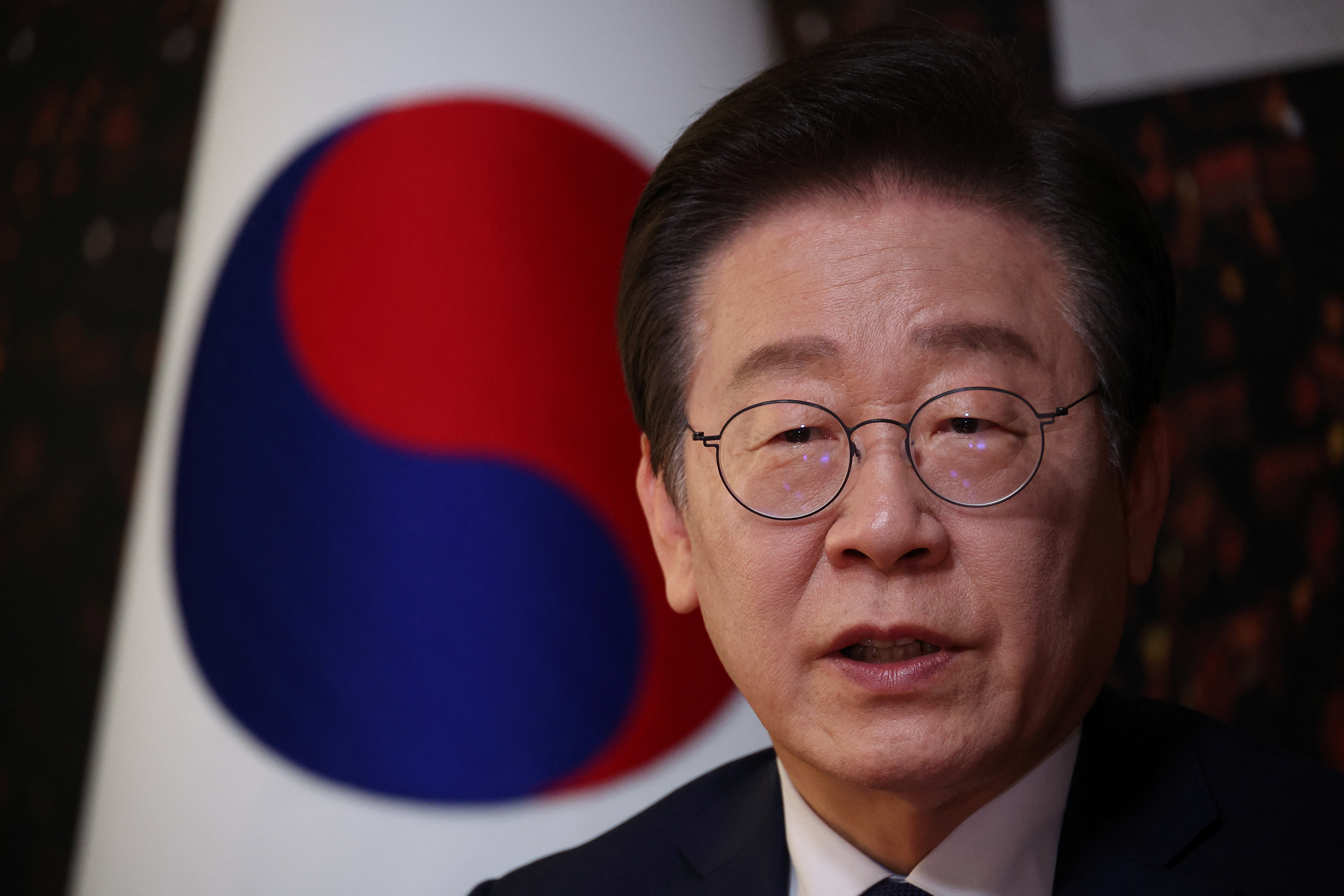 South Korea's main opposition Democratic Party leader Lee Jae-myung speaks during an interview with Reuters
