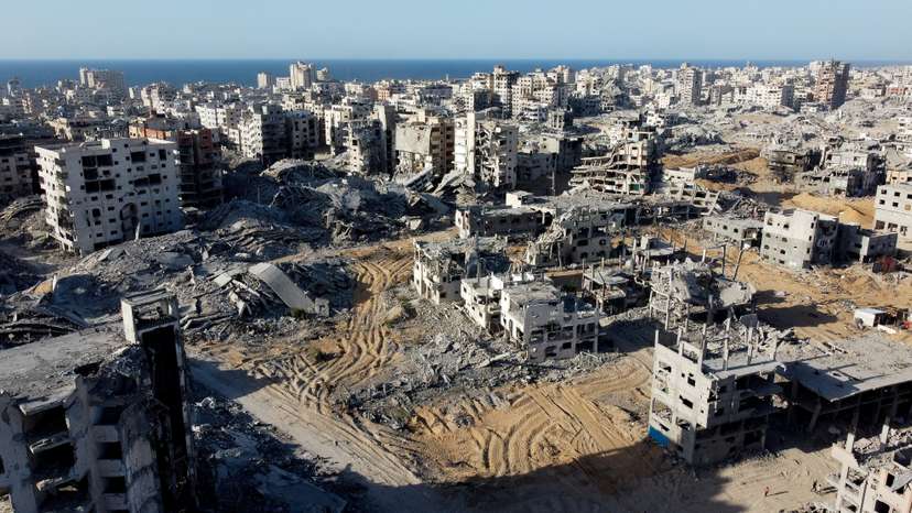 A drone view shows the destruction in a residential neighborhood, in Gaza City
