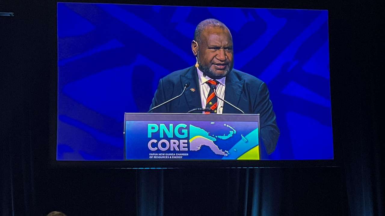 FILE PHOTO: Papua New Guinea Prime Minister James Marape speaks during a Resources and Energy Investment conference in Sydney