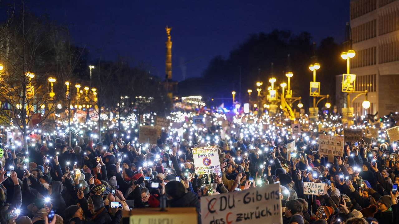 Protest against chancellor candidate Merz's plans to limit migration, in Berlin