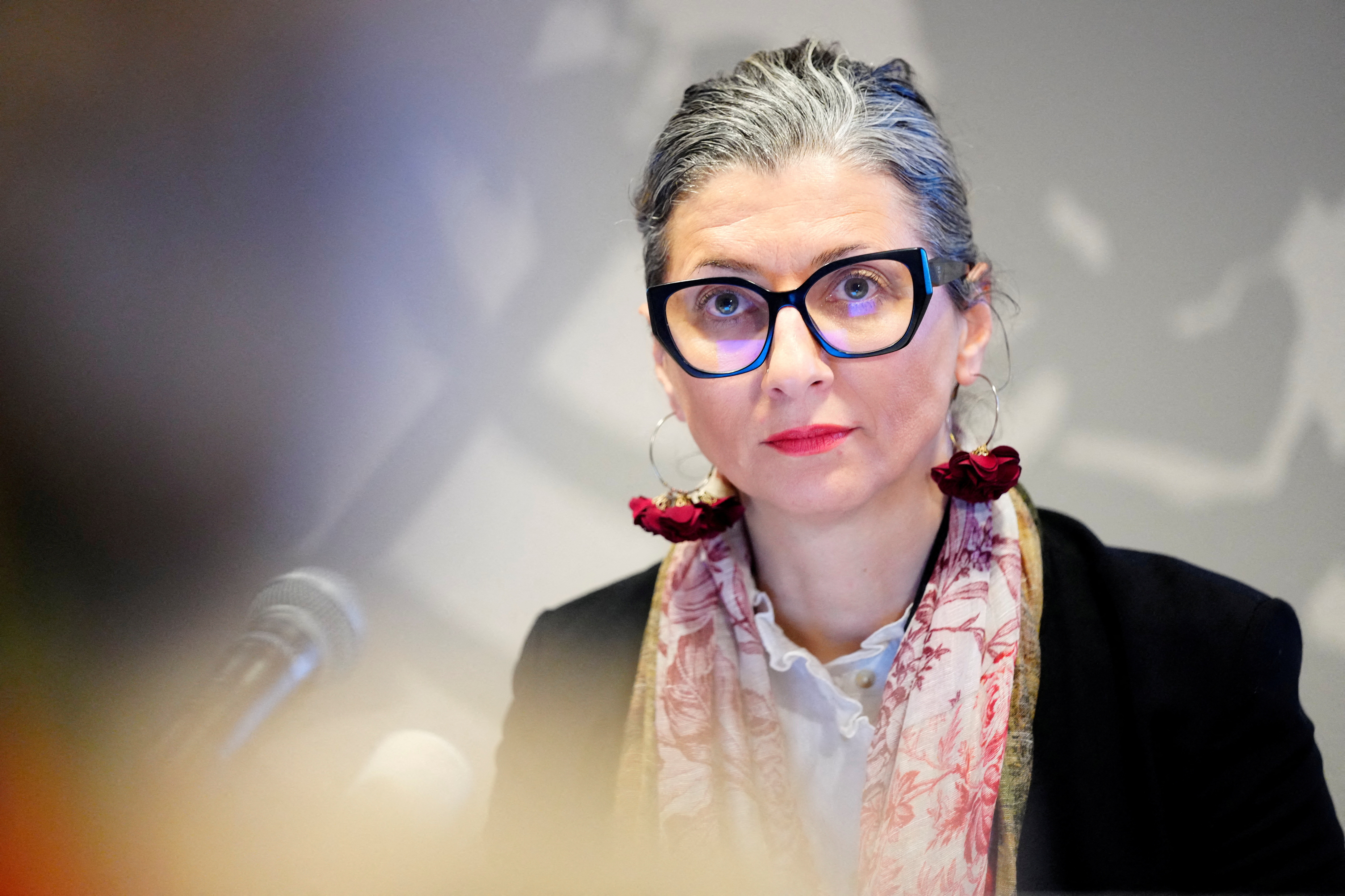 FILE PHOTO: UN Special Rapporteur Francesca Albanese gives a press conference, in Copenhagen