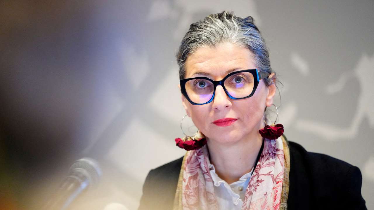 FILE PHOTO: UN Special Rapporteur Francesca Albanese gives a press conference, in Copenhagen