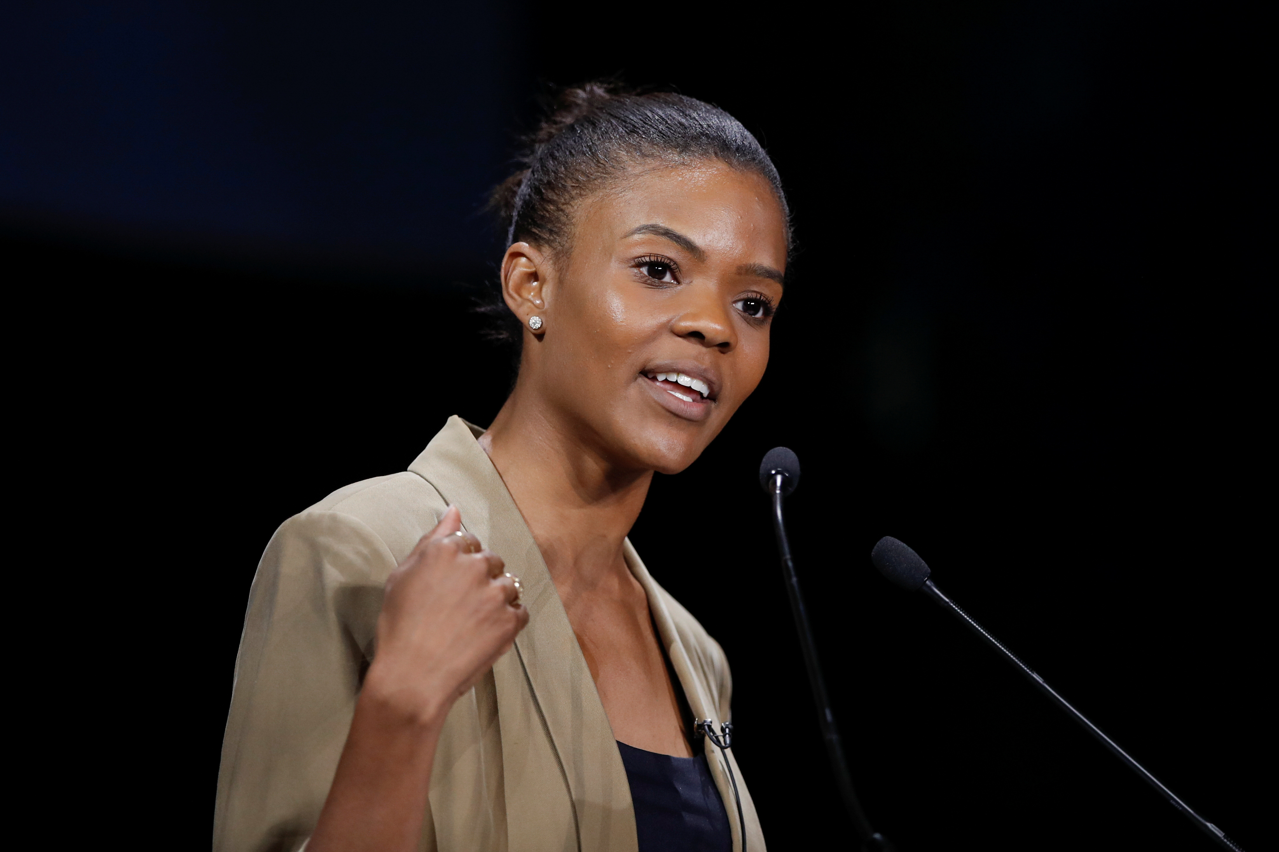 US activist Candace Owens delivers a speech during the Convention de la Droite meeting in Paris
