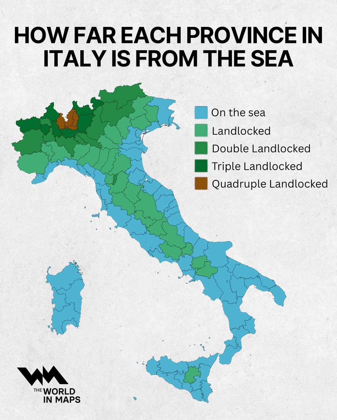 Italy is often pictured as a land surrounded by the sea, with its long Mediterranean coastline. 