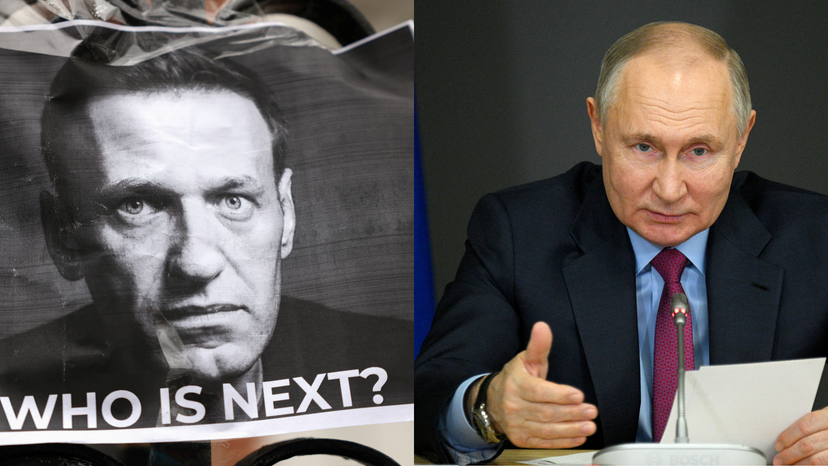 Protest outside the Russian Embassy following Alexei Navalny's death, in London (L) and Russian President Vladimir Putin chairs a meeting in Chelyabinsk (R)