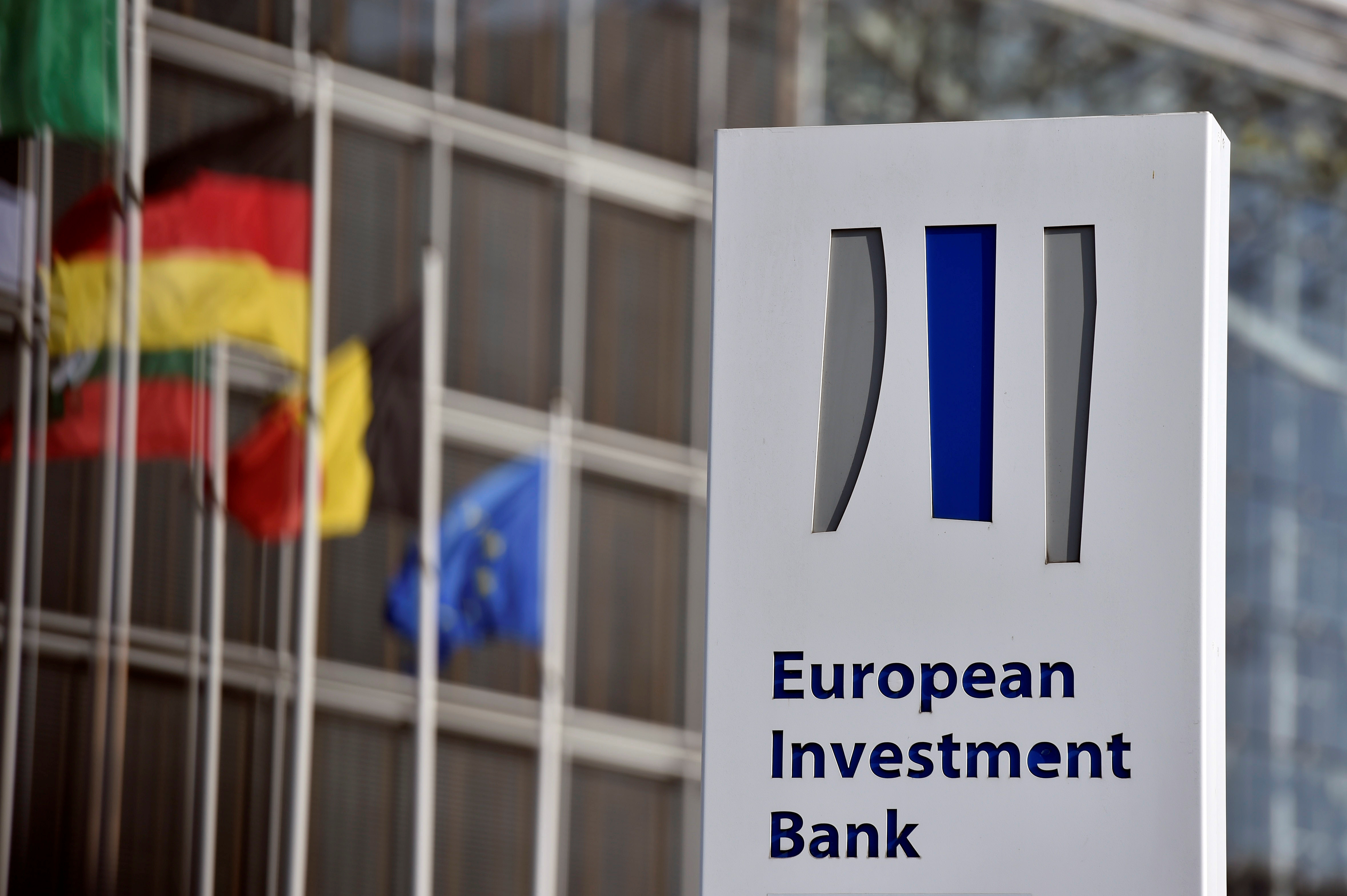 FILE PHOTO: The logo of the EIB is pictured in the city of Luxembourg