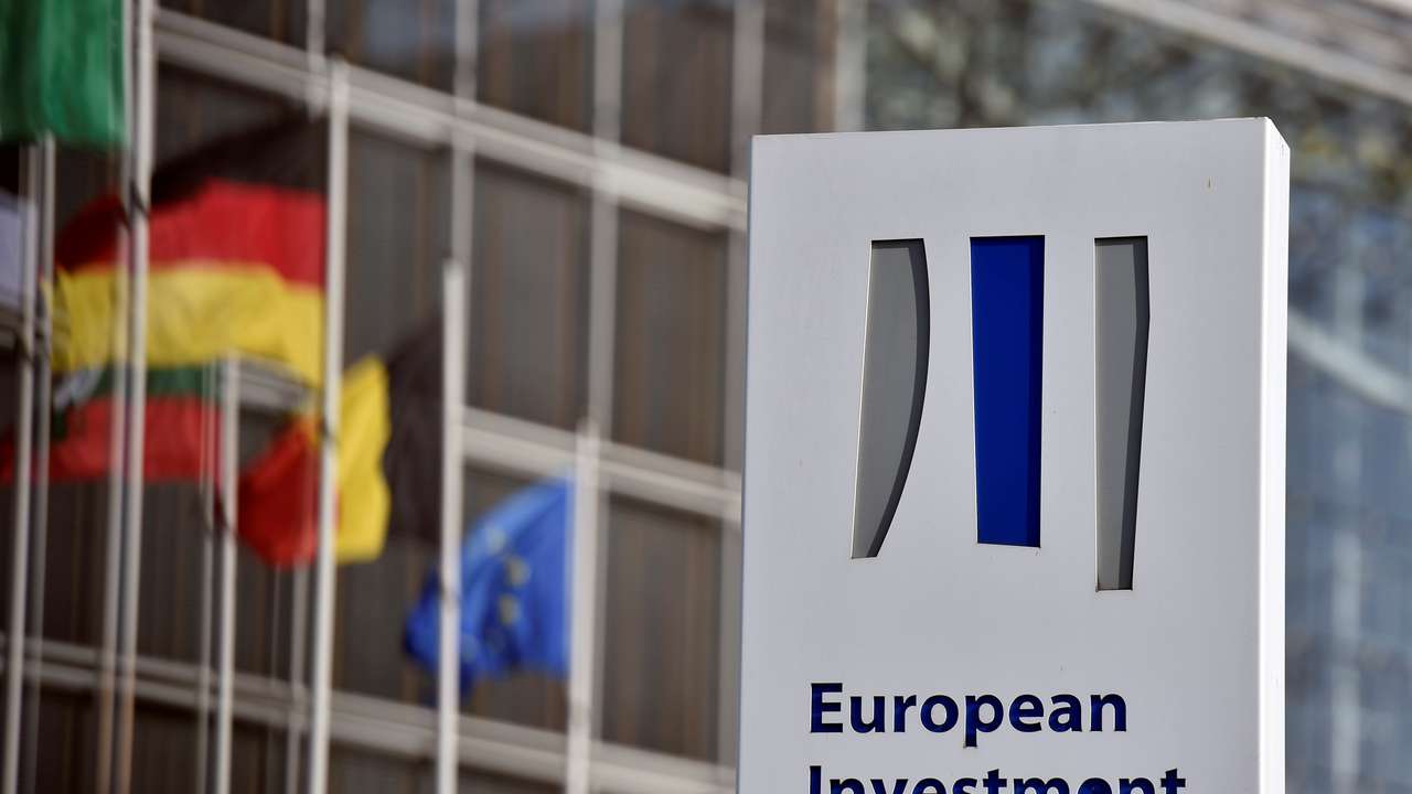 FILE PHOTO: The logo of the EIB is pictured in the city of Luxembourg