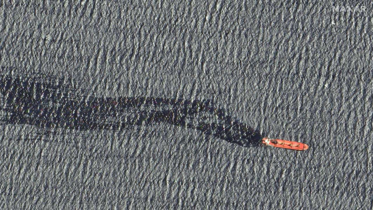 A satellite image shows the cargo ship Rubymar before it sank, on the Red Sea