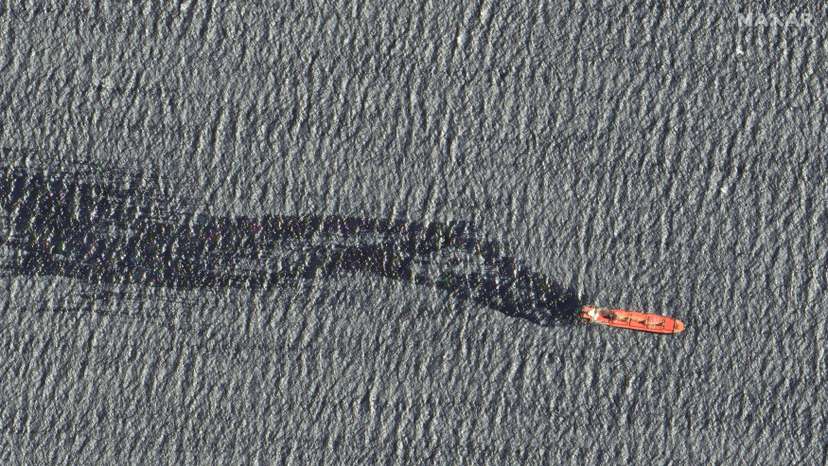 A satellite image shows the cargo ship Rubymar before it sank, on the Red Sea