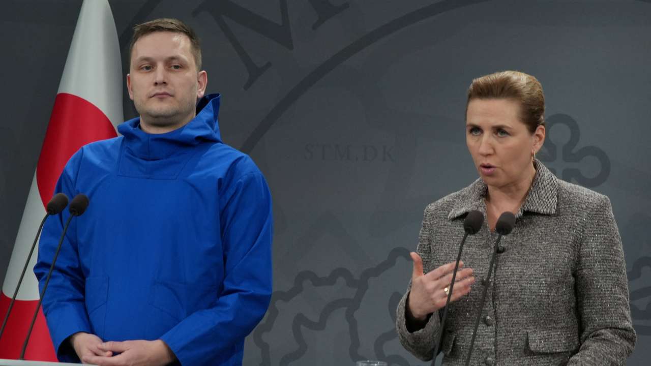 Danish Prime Minister Mette Frederiksen and Greenlandic Prime Minister Jens-Frederik Nielsen attend a press conference in Copenhagen