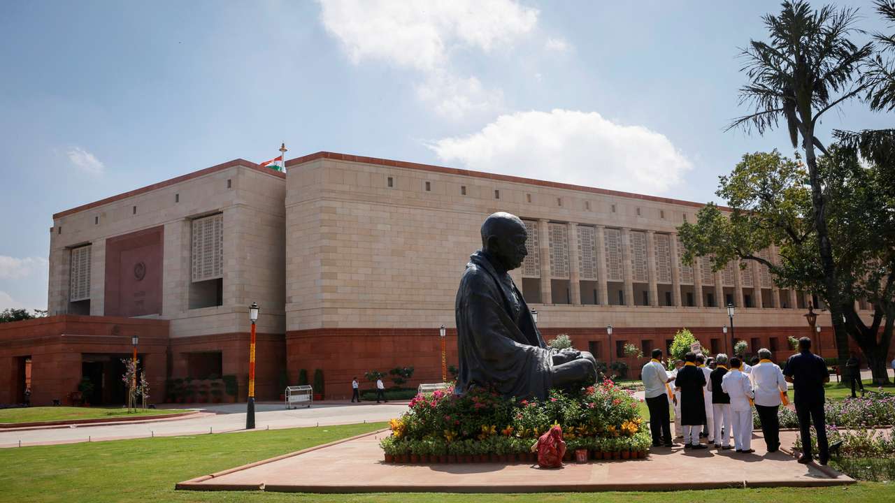 India's new parliament building is pictured a day before its inauguration in New Delhi
