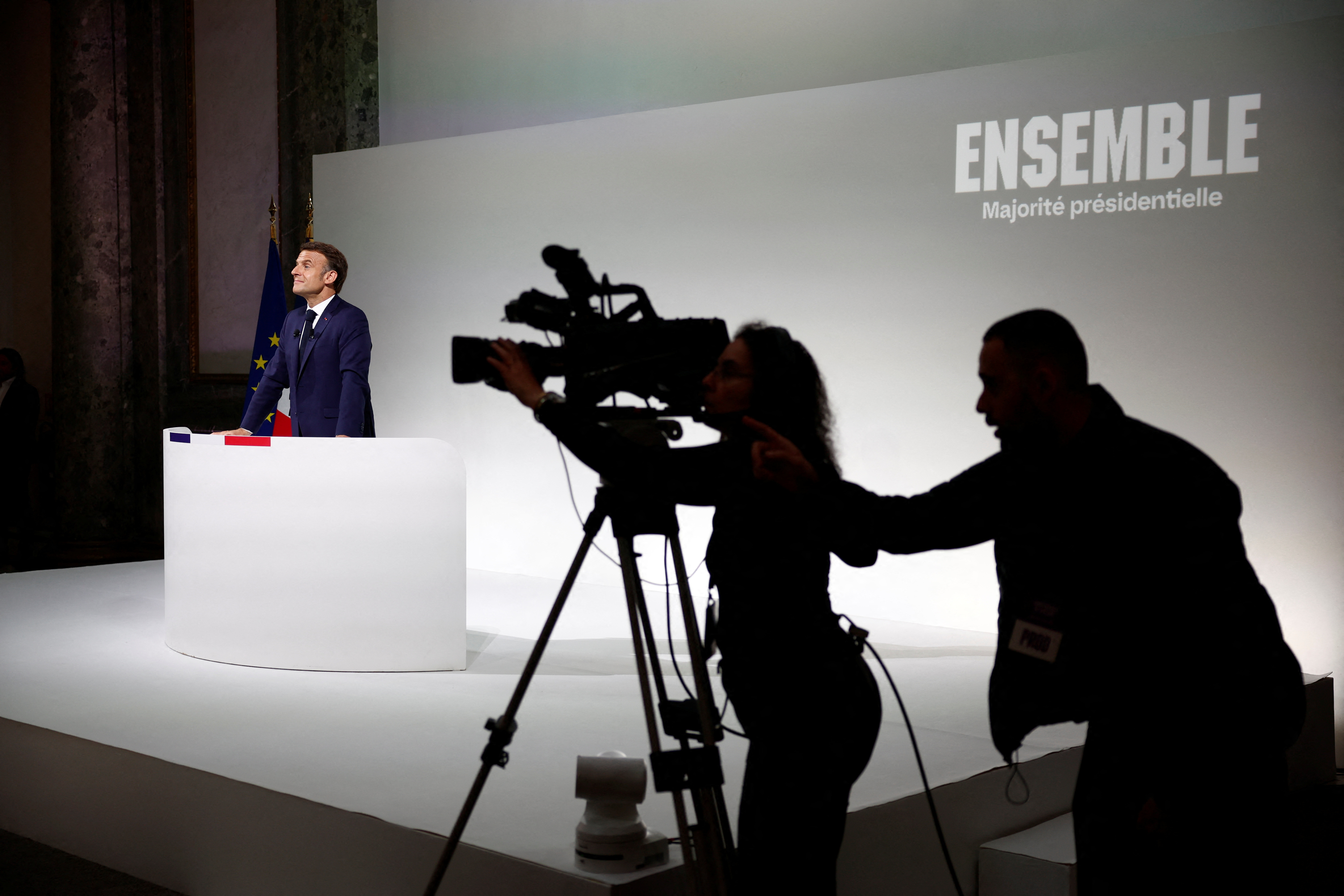 French President Macron gives a press conference after calling snap parliamentary election