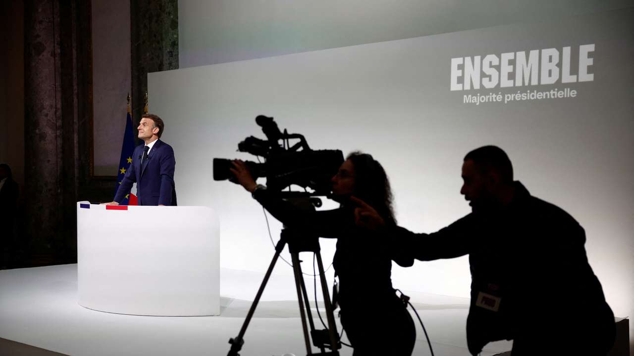 French President Macron gives a press conference after calling snap parliamentary election