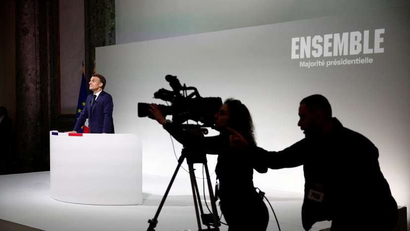French President Macron gives a press conference after calling snap parliamentary election