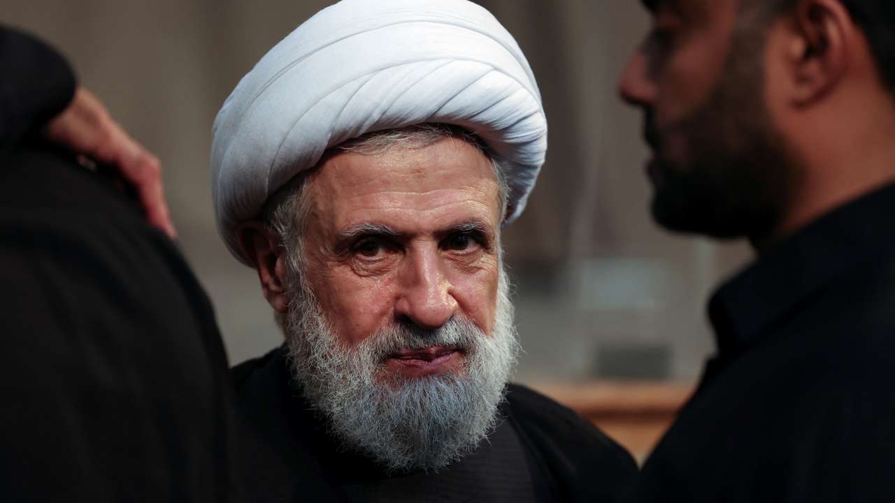Lebanon's Hezbollah deputy leader Sheikh Naim Qassem accepts condolences for the death of Hezbollah senior commander Fuad Shukr, in Beirut's southern suburbs