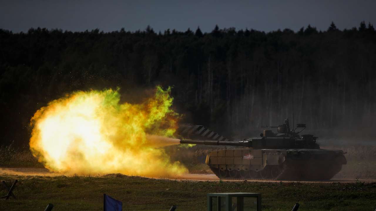 A T-90 tank fires during a demonstration at the International military-technical forum "Army-2020" in Moscow Region