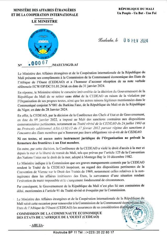 Mali confirms withdrawal from ECOWAS without delay, citing reasons