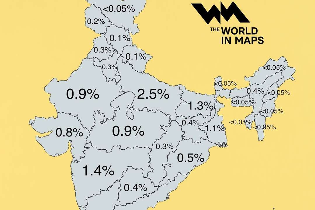This map highlights a staggering fact- individual Indian states make up a significant share of the world’s population. Uttar Pradesh alone accounts for 2.5% of all people on Earth—more than entire countries like Brazil or Russia.