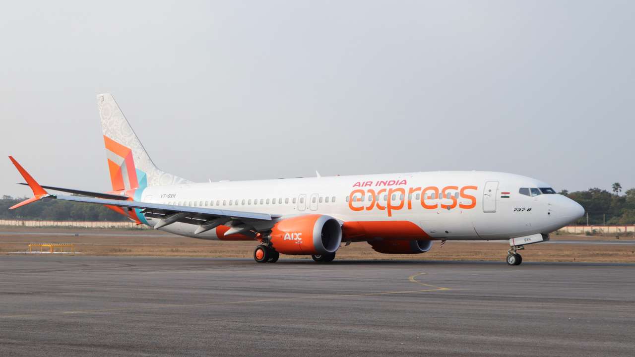 An Air India Express aircraft is displayed at Wings India 2024 aviation event at Begumpet airport, Hyderabad