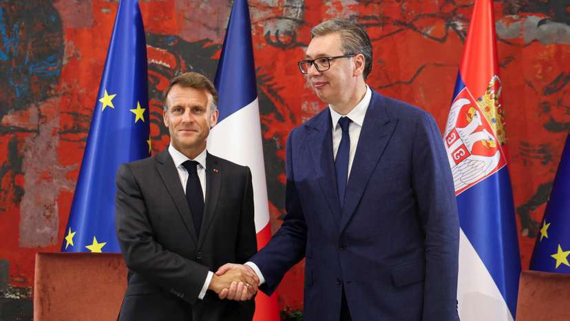 French President Macron meets Serbian President Vucic in Belgrade