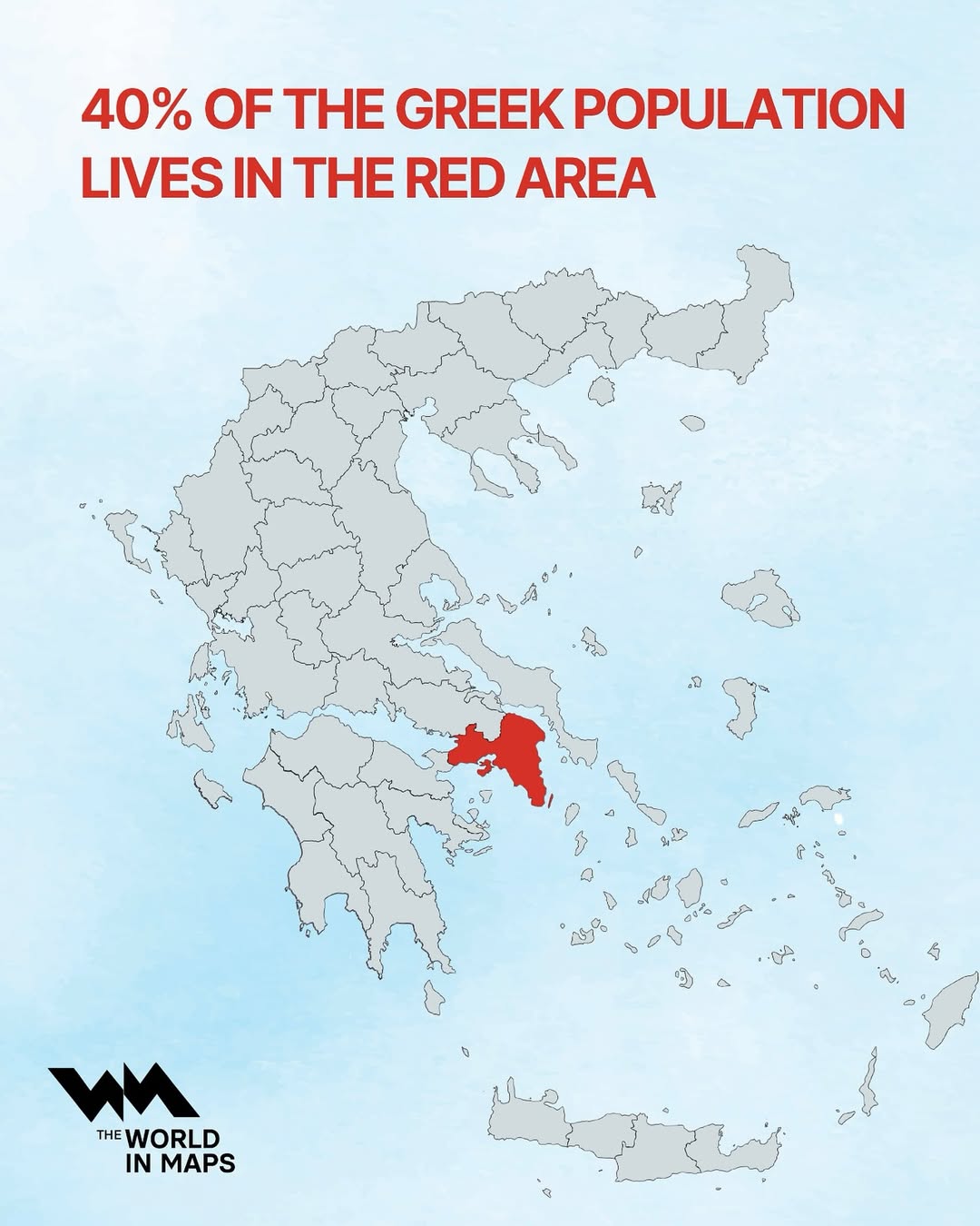 The red area on the map is Attica, home to Athens and its sprawling metropolitan region. Despite