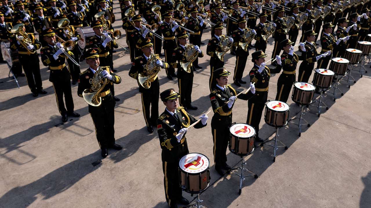 FILE PHOTO: Training for a military parade to mark the 80th anniversary of the end of World War Two, in Beijing