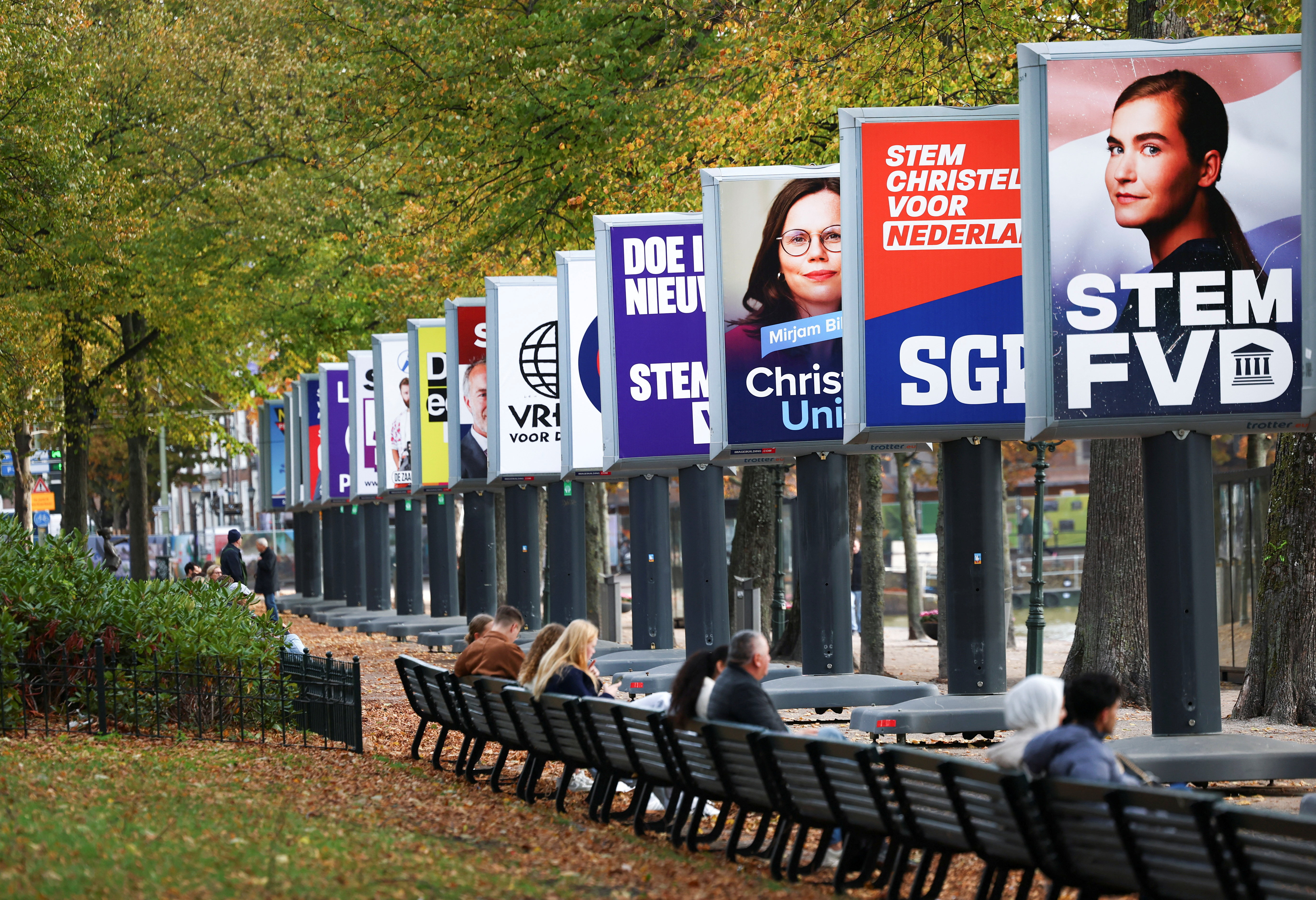 Election campaign boards are displayed ahead of the Dutch parliamentary election on October 29, in The Hague