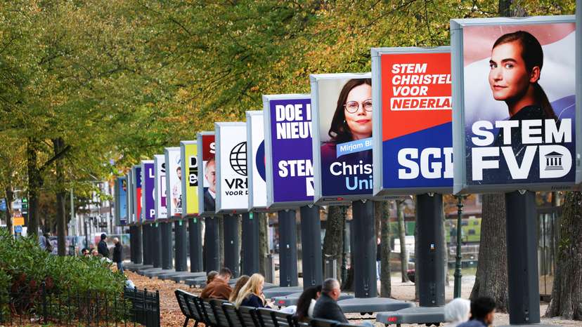 Election campaign boards are displayed ahead of the Dutch parliamentary election on October 29, in The Hague